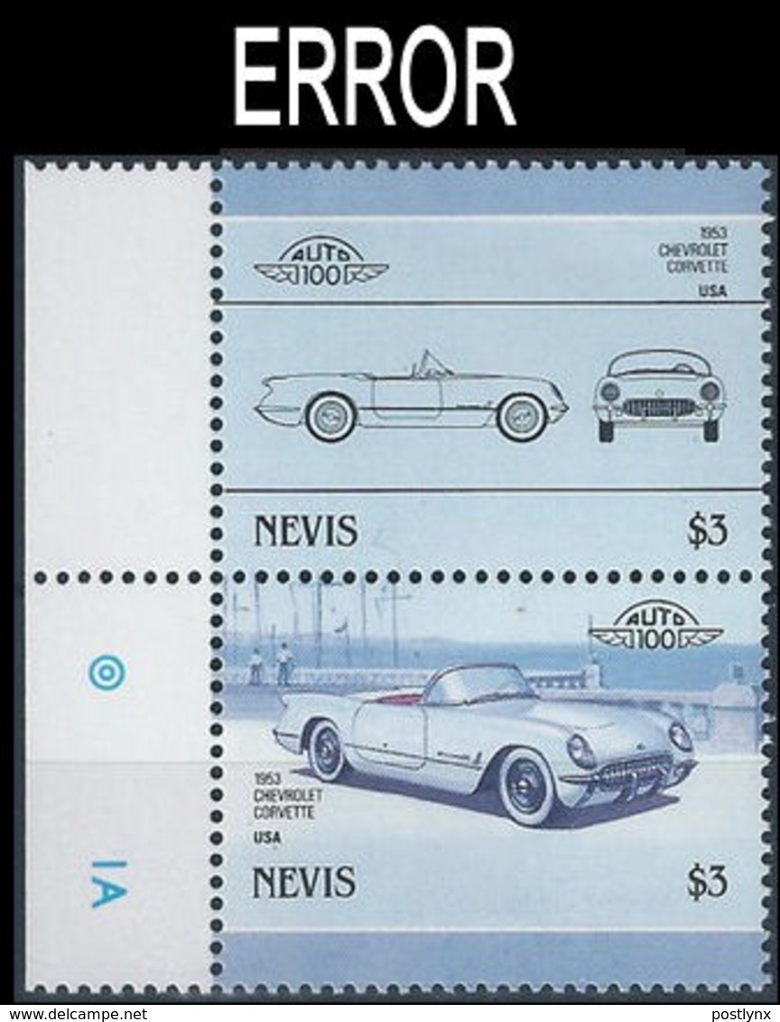 NEVIS 1986 Cars Chevrolet Corvette $3 MARG. ERROR:no Yellow - St.Kitts-et-Nevis ( 1983-...)