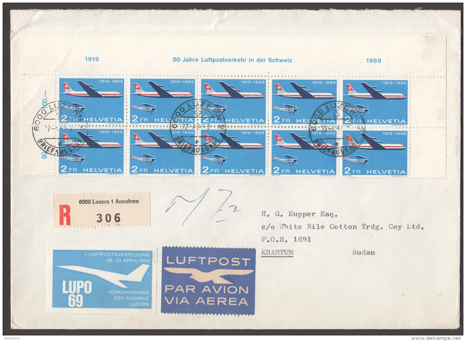 1969  Lettre Avion Pour Le Soudan! Bande De 10 Ex. 50è De La Poste Aérienne Zum 465 - Lettres & Documents