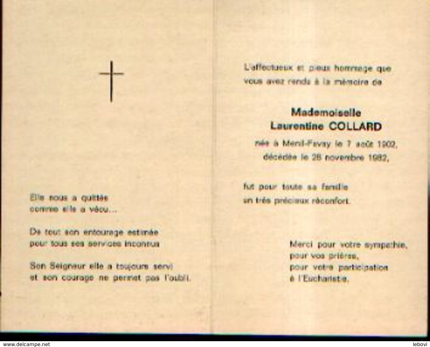 Souvenir Mortuaire COLLARD Laurentine (1902-1982) Née à MENIL-FAVAY - Santini
