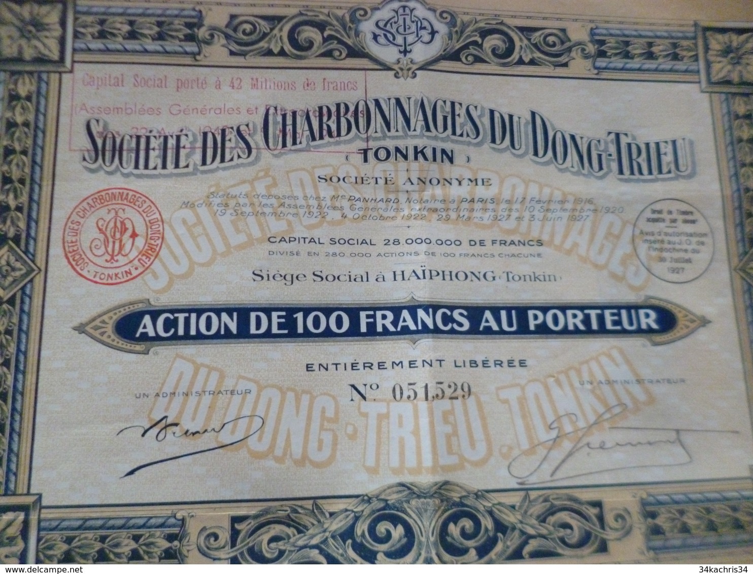 Lot 2 Actions Société Des Charbonnages Du Dong Trieu Tonkin Indochine 1927 - Mines