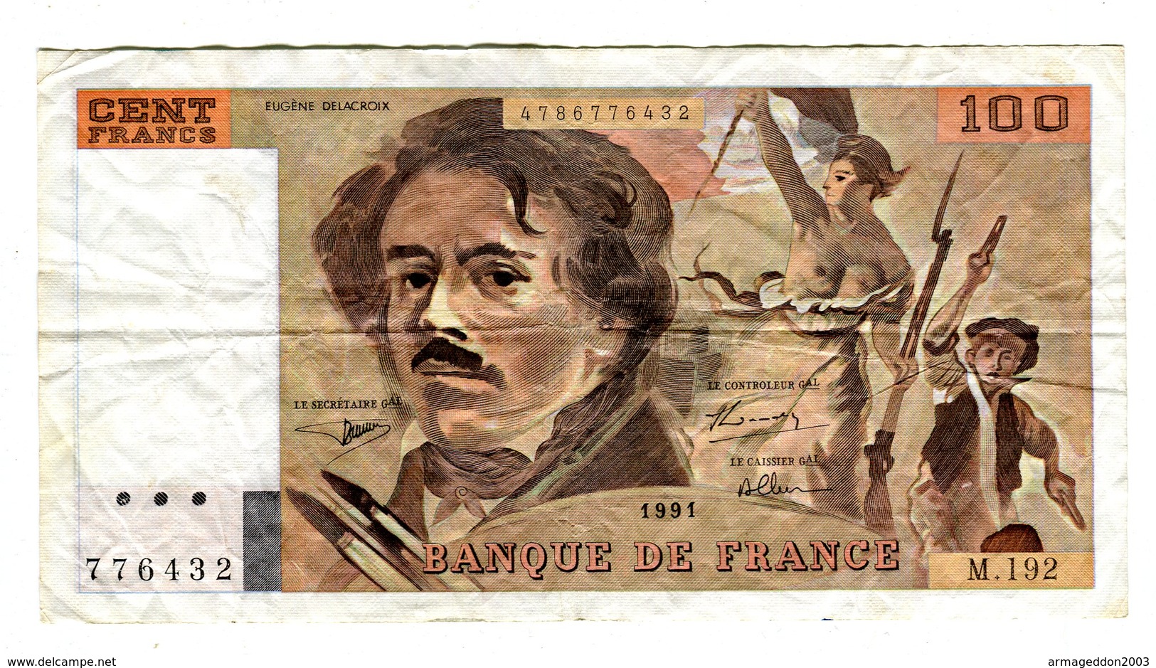 BILLET DE 100 FRANCS DELACROIX 1991 / M.192.... 2 SCANS - 100 F 1978-1995 ''Delacroix''