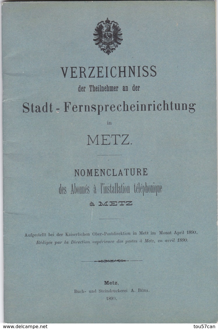 METZ - MOSELLE - (57) - RARE ANNUAIRE TÉLÉPHONIQUE DE 1890. - Telephone Directories