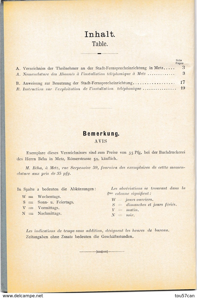 METZ - MOSELLE - (57) - RARE ANNUAIRE TÉLÉPHONIQUE DE 1890. - Telephone Directories