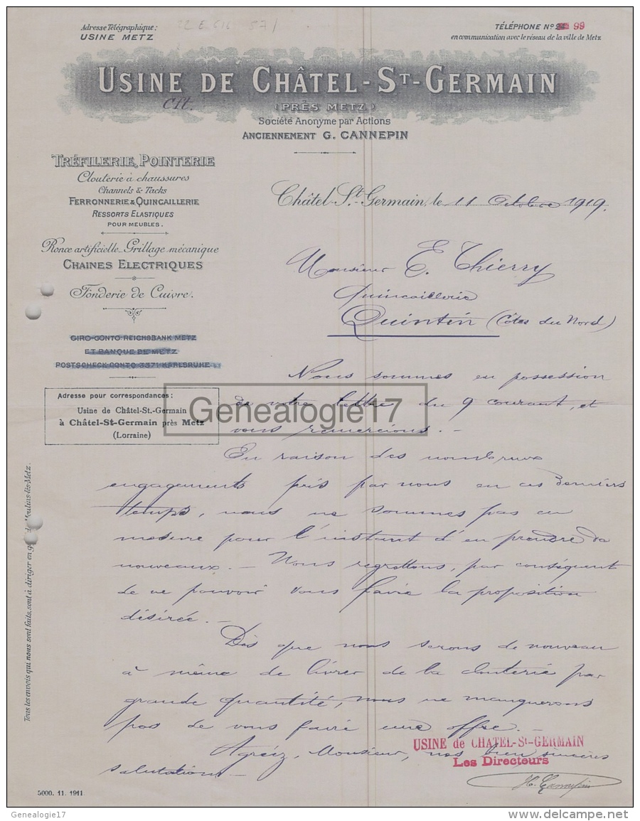 57 323 CHATEL SAINT GERMAIN MOSELLE 1919 USINE DE CHATEL Succ G. CANNEPIN Treflerie Pointerie Clouterie A THIERRY - 1900 – 1949