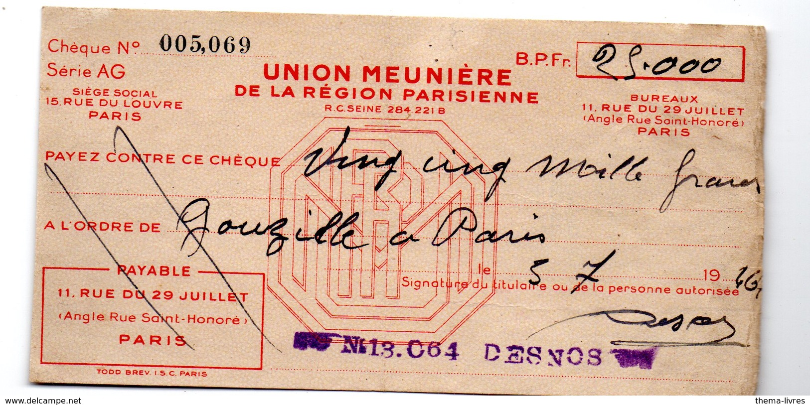 Chèque De 25.000 Frans 1946 (!) De L'union Meunière De La Région Parisienne (PPP13947) - Cheques & Traverler's Cheques