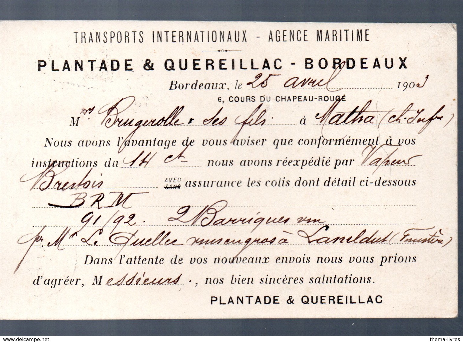 Bordeaux (33 Gironde) Carte PLANTADE ET QUEREILLAC Transports Internationaux (PPP13949) - Pubblicitari