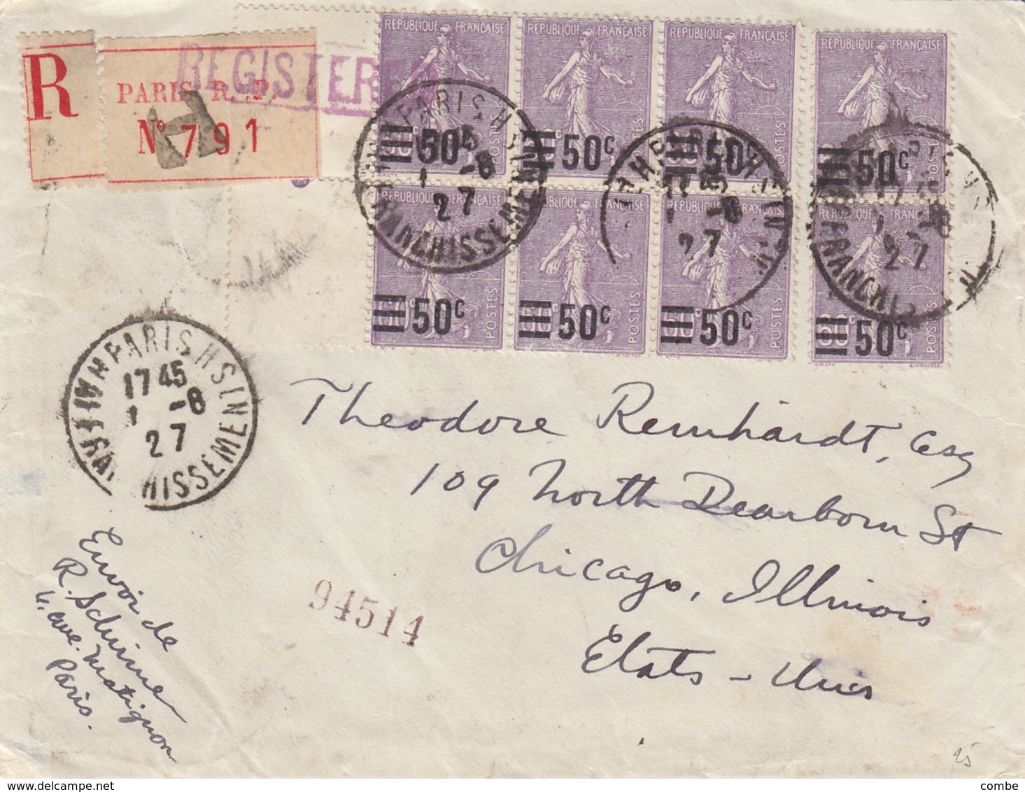 LETTRE. 7 8 27. BLOC DE 6 + PAIRE SEMEUSE LIGNÉE 50c/60c. RECOMMANDÉ PARIS POUR CHICAGO ETATUNIS. COVER REGISTERED - 1877-1920: Semi-Moderne