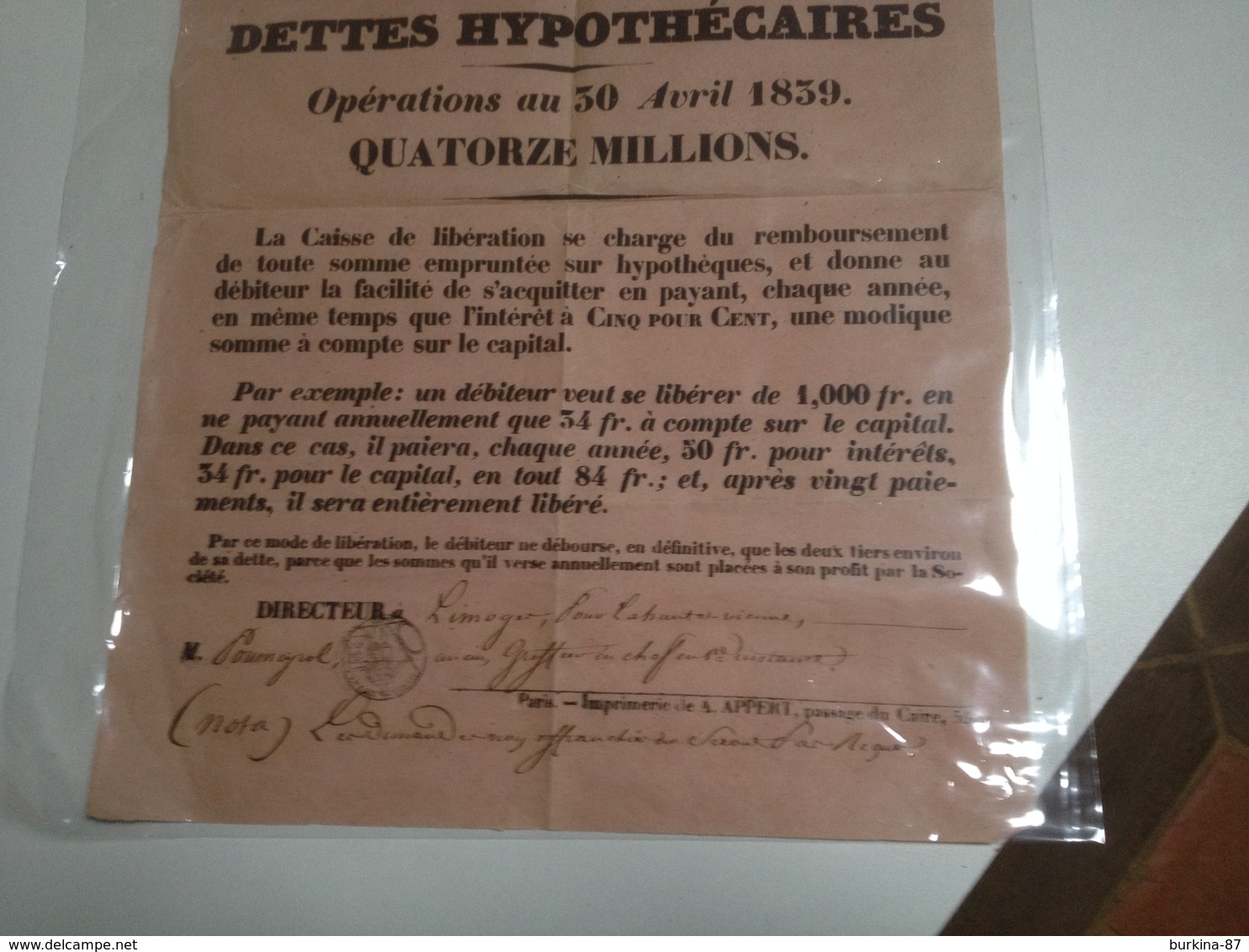 Affiche, CAISSE DE LIBÉRATION DES DETTES HYPOTHÉCAIRES, 1839 - Autres & Non Classés