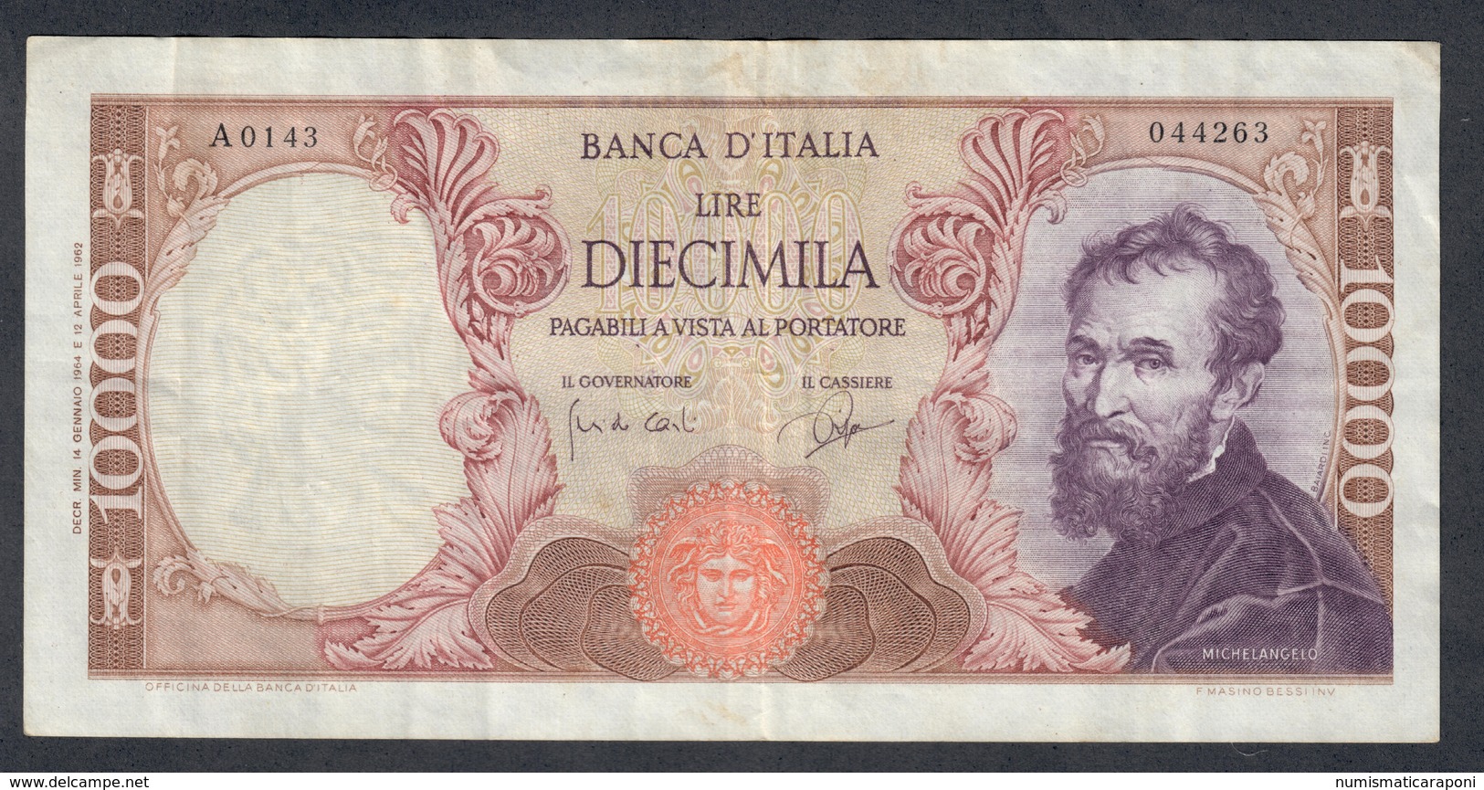 10000 LIRE MICHELANGEO BUONARROTI 14 01 1964 N.C.   LOTTO 1918 - 10000 Lire