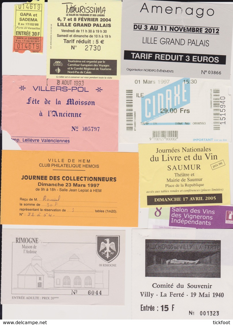 Lot 10 Tickets Hétéroclites Entrées Musées Souvenir, ,Salon Livres, Vin, Maison Ardoise, Paris La Villette, Tourissima - Eintrittskarten