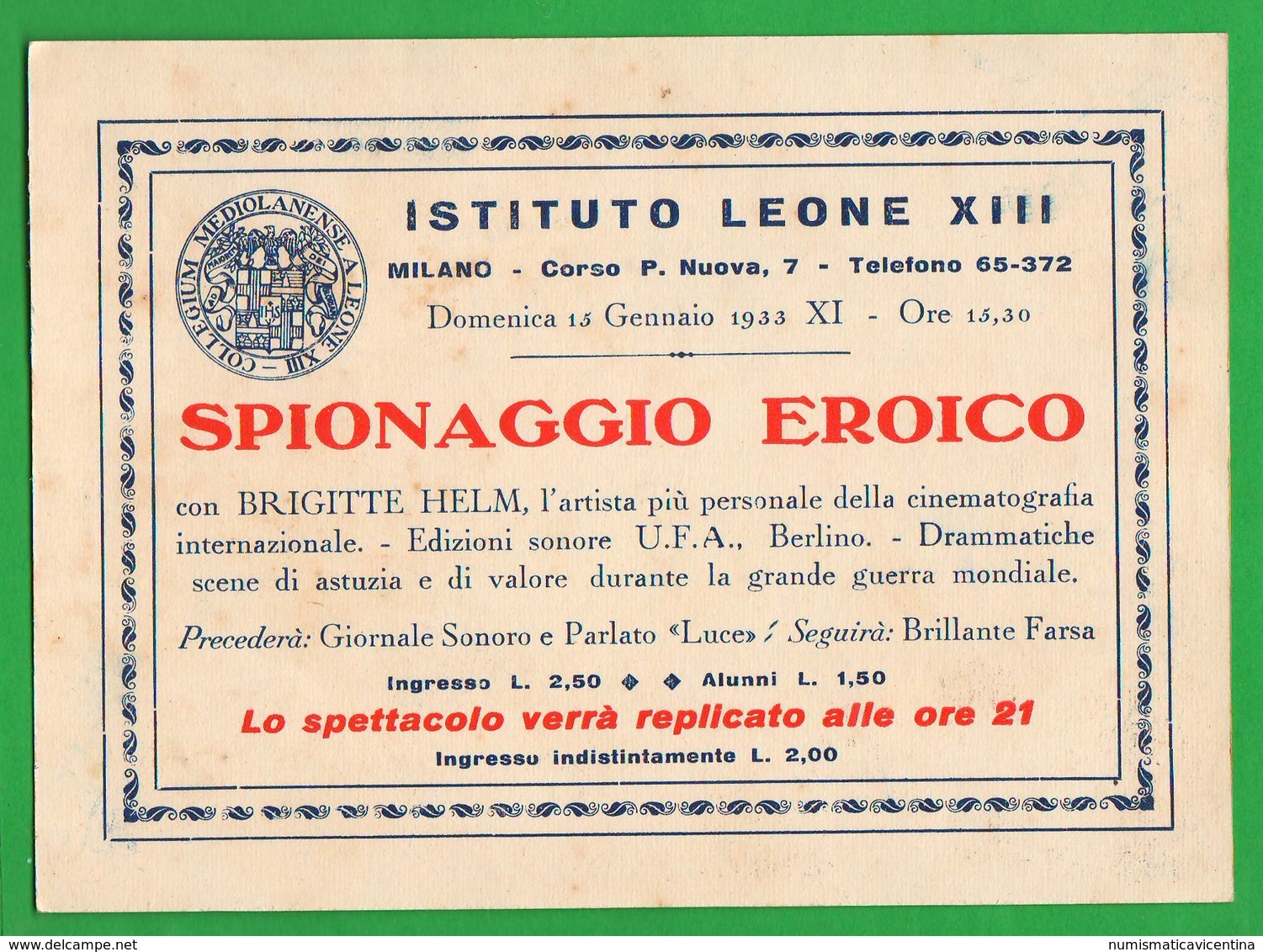 Milano Cinema Leone XIII° Pubblicità Film Germanico : Spionaggio Eroico 1933  Cinèma Chino Cartoncino - Programmi