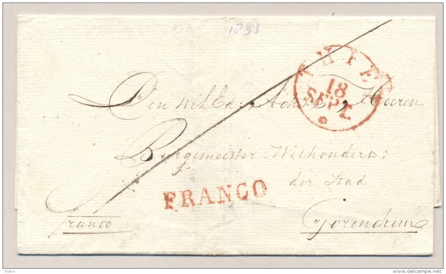 Nederland - 1833 - THIEL (Tiel) En FRANCO Op Omslagje Naar GORINCHEM - ...-1852 Voorlopers