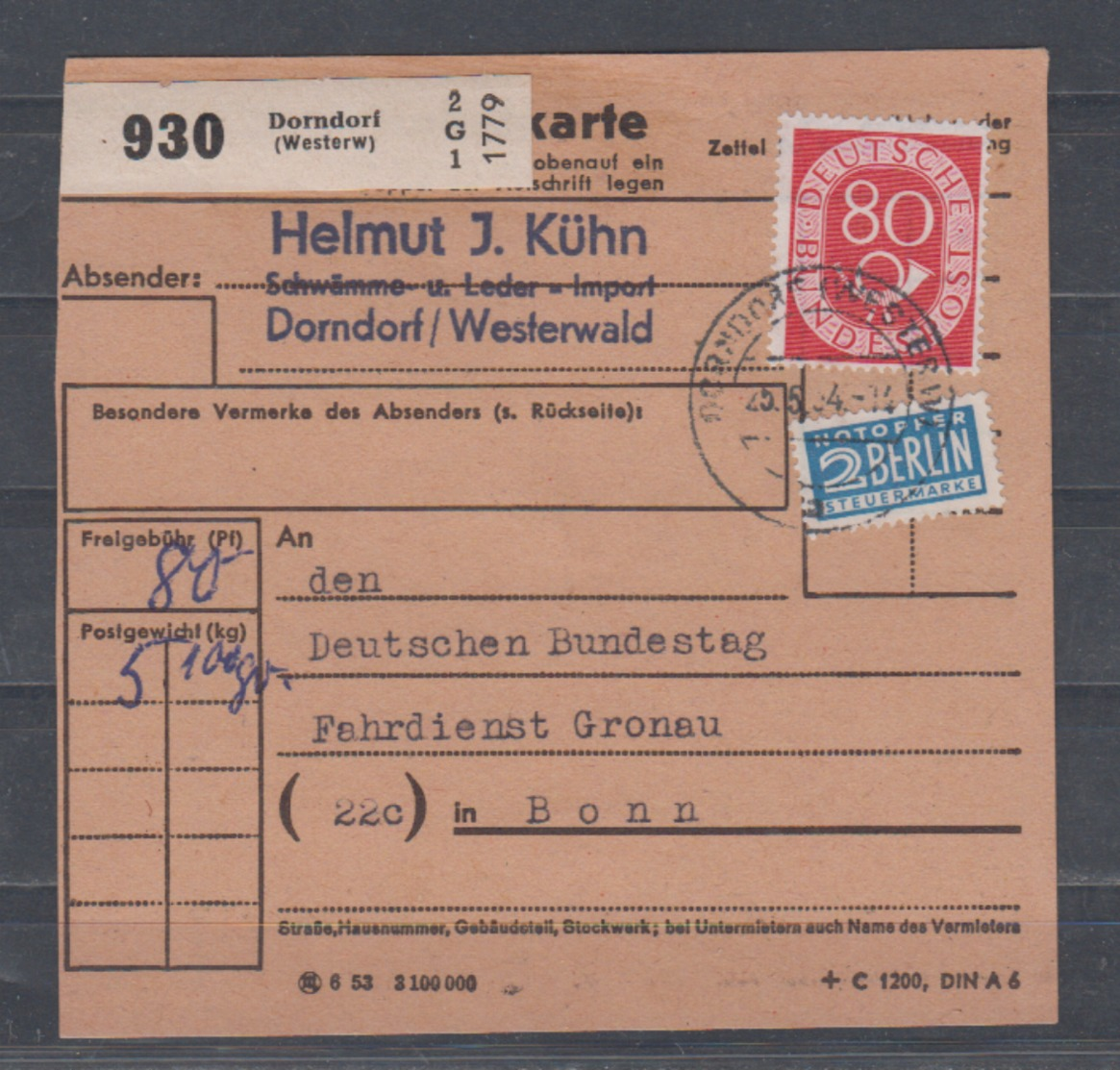 Bund Paketkartenstammteil Dorndorf(Westerw) 25.5.54 Mit EF 137 + Notopfer Nach Bonn (rs Ak-o) - Briefe U. Dokumente