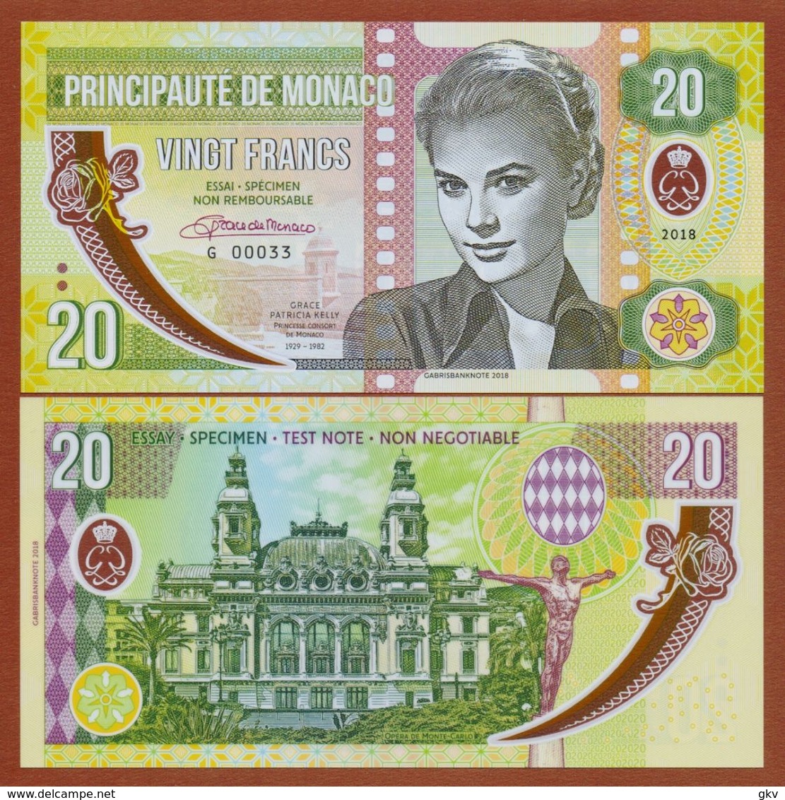 MONACO 20 Francs 2018 Polymer UNC. Grace Kelly. Private Essay. Specimen. - Other & Unclassified