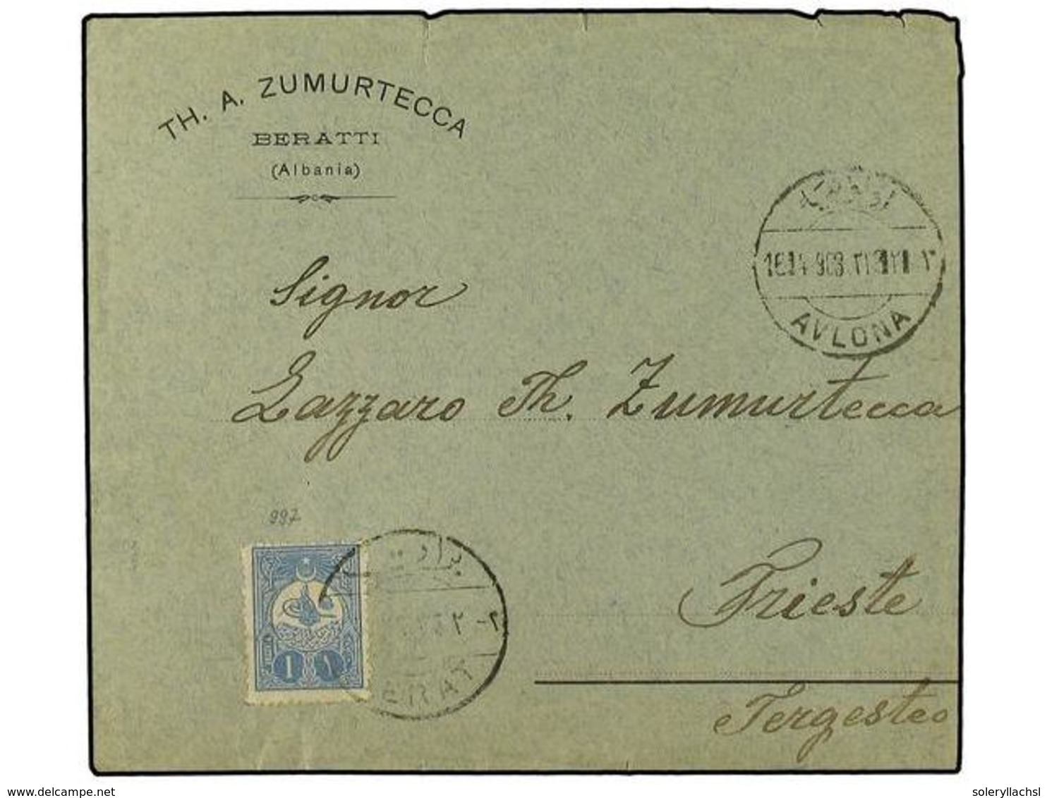 7 ALBANIA. 1906. Ottoman Empire. Envelope To Trieste Franked <B>1</B> <B>piastre</B> Tied By <B>BERAT</B> Bilingual Date - Andere & Zonder Classificatie