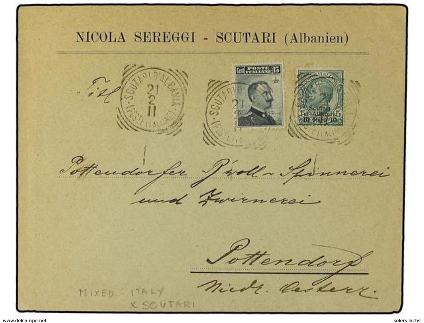 8 ALBANIA. 1911. Cover Franked By Italy 1909 <B>15 C.</B> Slate Black (Scott 111) And Scutari Overprinted 1909 <B>10 Pa. - Other & Unclassified