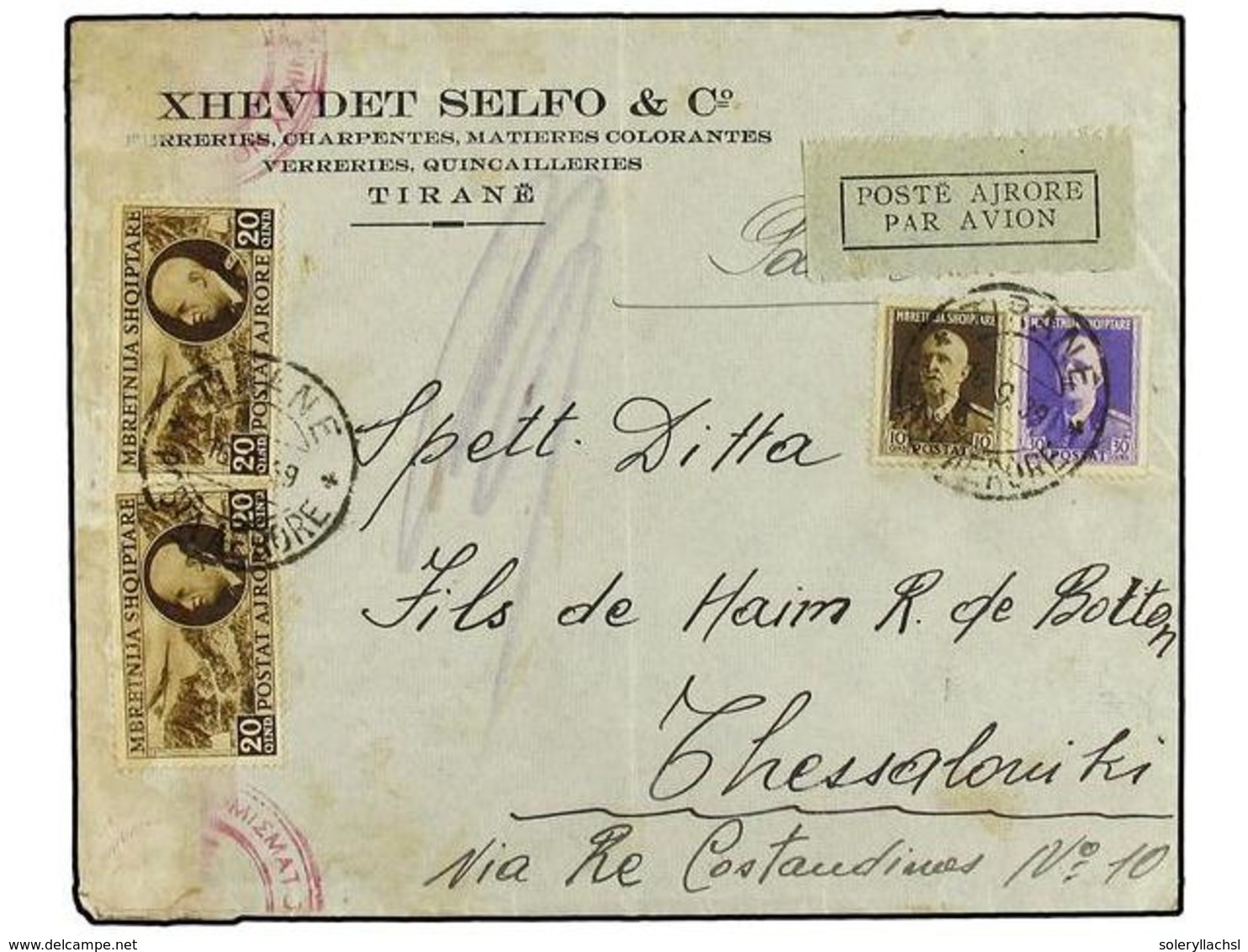 18 ALBANIA. 1939. Censored Air Envelope To THESSALONIKA Franked VEIII <B>10q. + 30q.</B> & Air <B>20q(2)</B> Tied By <B> - Otros & Sin Clasificación