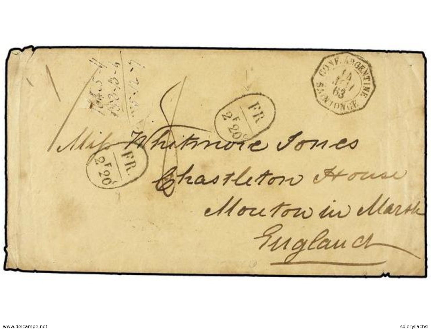 29 ARGENTINA. 1863 (May 14). Stampless Cover From BUENOS AIRES To ENGLAND Struck With Fine Octagonal French Paquebot <B> - Autres & Non Classés