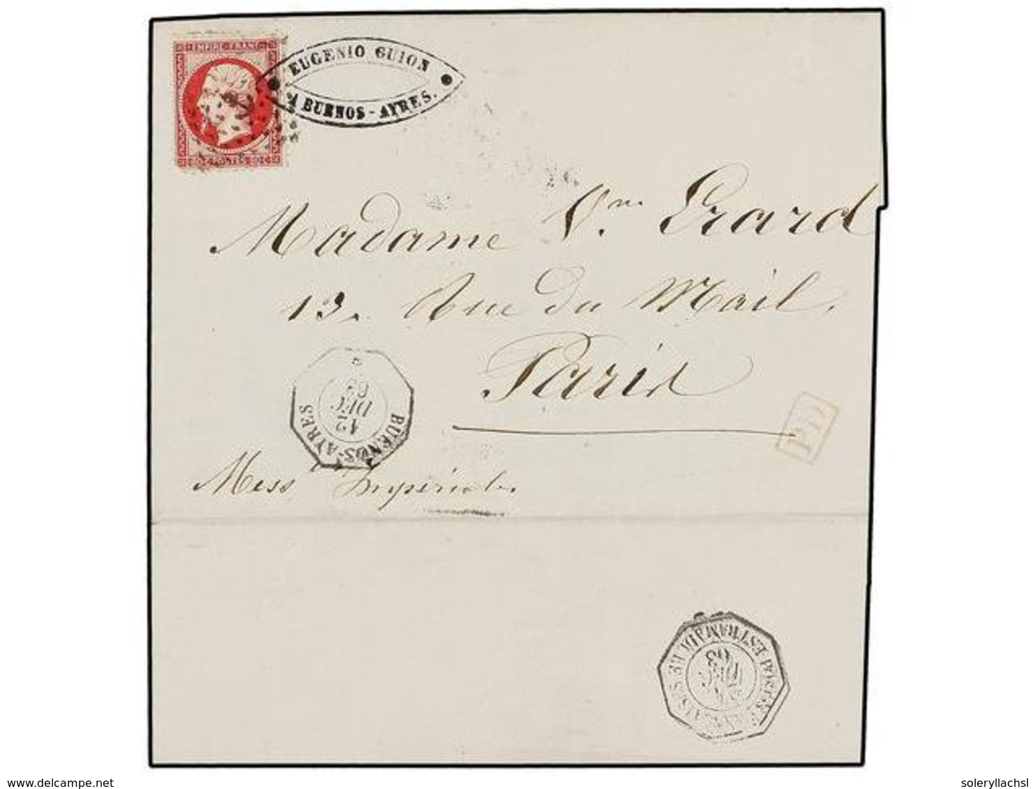 29A ARGENTINA. 1863. BUENOS AIRES A PARÍS.<B> 80 Cts.</B> Carmín. Mat. <B>ANCLA</B>, Fechador <B>BUENOS AYRES/*</B>y Al  - Sonstige & Ohne Zuordnung