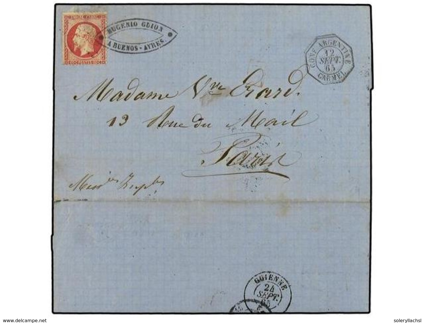 29B ARGENTINA. 1865. BUENOS AIRES A FRANCIA. Circulada Con Sello Francés De <B>80 Cts.</B> Carmín, Mat.<B> ANCLA,</B> Fe - Otros & Sin Clasificación