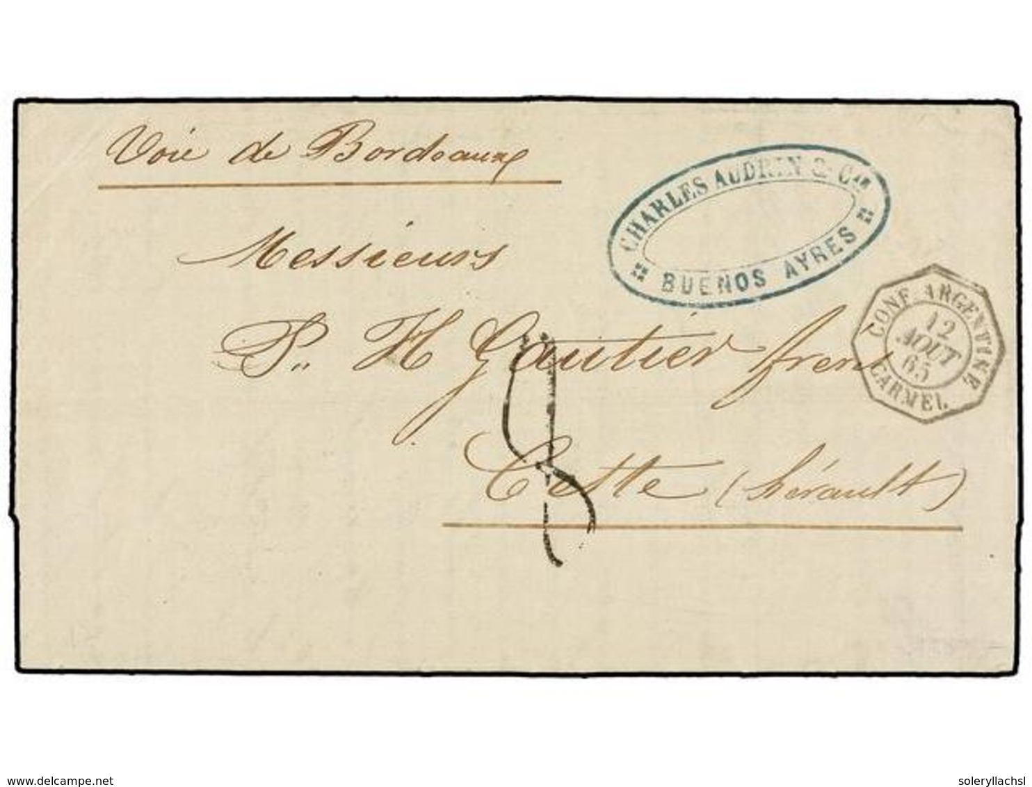 30 ARGENTINA. 1865. BUENOS AIRES A FRANCIA. Fechador Octogonal Marítimo Francés <B>CONF. ARGENTINE/CARMEL. </B>PRECIOSA. - Otros & Sin Clasificación