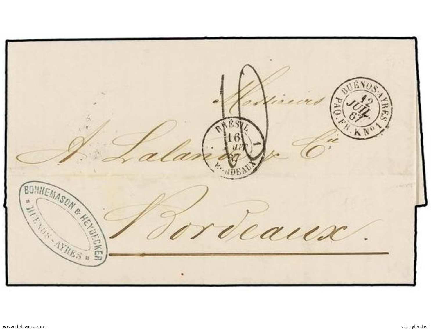 34 ARGENTINA. 1867. BUENOS AYRES A FRANCIA. Fechador Marítimo Francés <B>BUENOS AYRES/PAQ. FR. K Nº 1.</B> PRECIOSA. - Autres & Non Classés