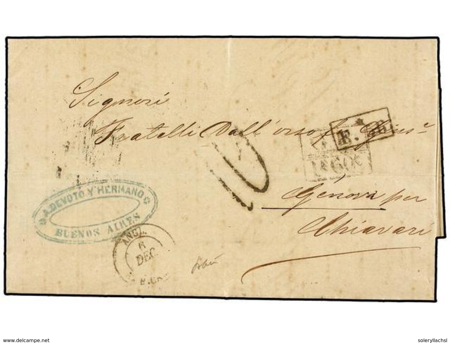 35 ARGENTINA. 1869. ARGENTINA A GÉNOVA. Circulada Por El Correo Británico, Marcas De Intercambio<B> GB/1F 60c.</B> Y<B>  - Andere & Zonder Classificatie