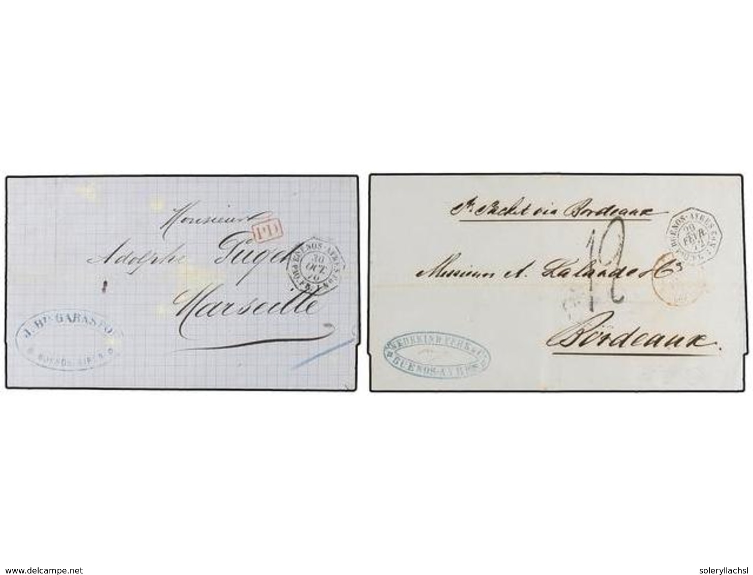 36 ARGENTINA. 1870-72. ARGENTINA A FRANCIA. Dos Cartas Con Fechadores Octogonales Marítimos Franceses <B>BUENOS AYRES/PA - Sonstige & Ohne Zuordnung