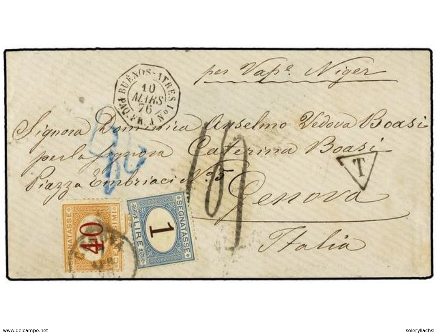 41 ARGENTINA. 1876 (March 10). Cover Endorsed At Trop <I>'per Vapor Niger'</I> Franked On Reverse With Rivadavia <B>5c.< - Andere & Zonder Classificatie