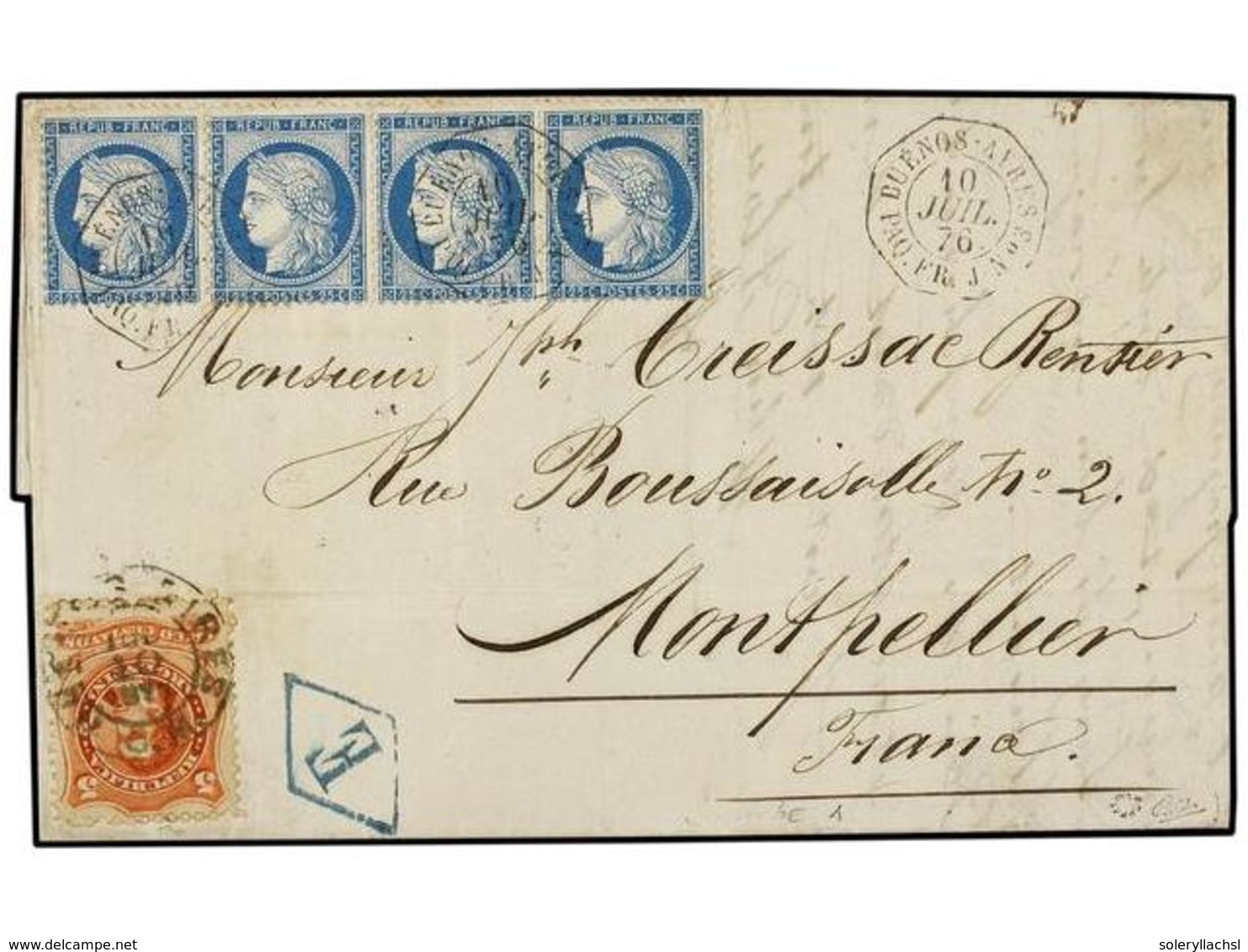 42 ARGENTINA. 1876 (10 Julio). BUENOS AYRES A FRANCIA. Circulada Con Sello De <B>50 Cts. </B>rojo Y Cuatro Sellos France - Autres & Non Classés