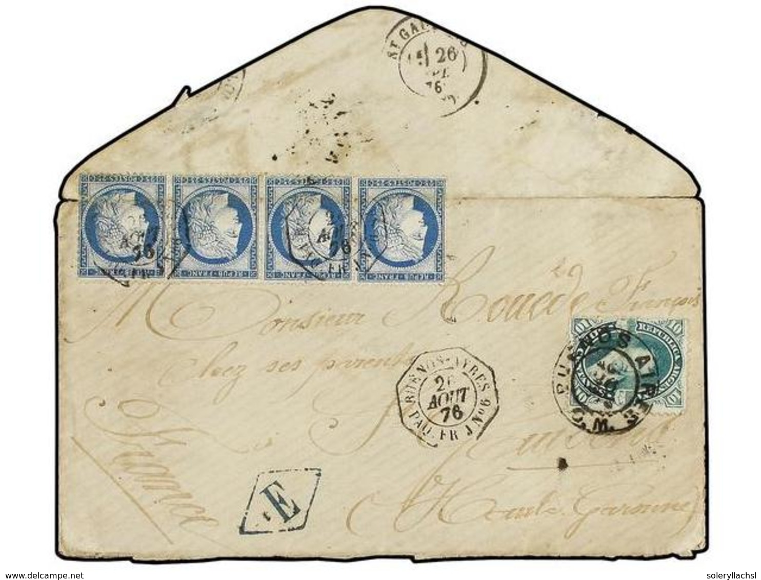 43 ARGENTINA. 1876. BUENOS AIRES A FRANCIA. Circulada Con Sello De <B>10 Ctvos.</B> Verde Y Cuatro Sellos Franceses De < - Other & Unclassified