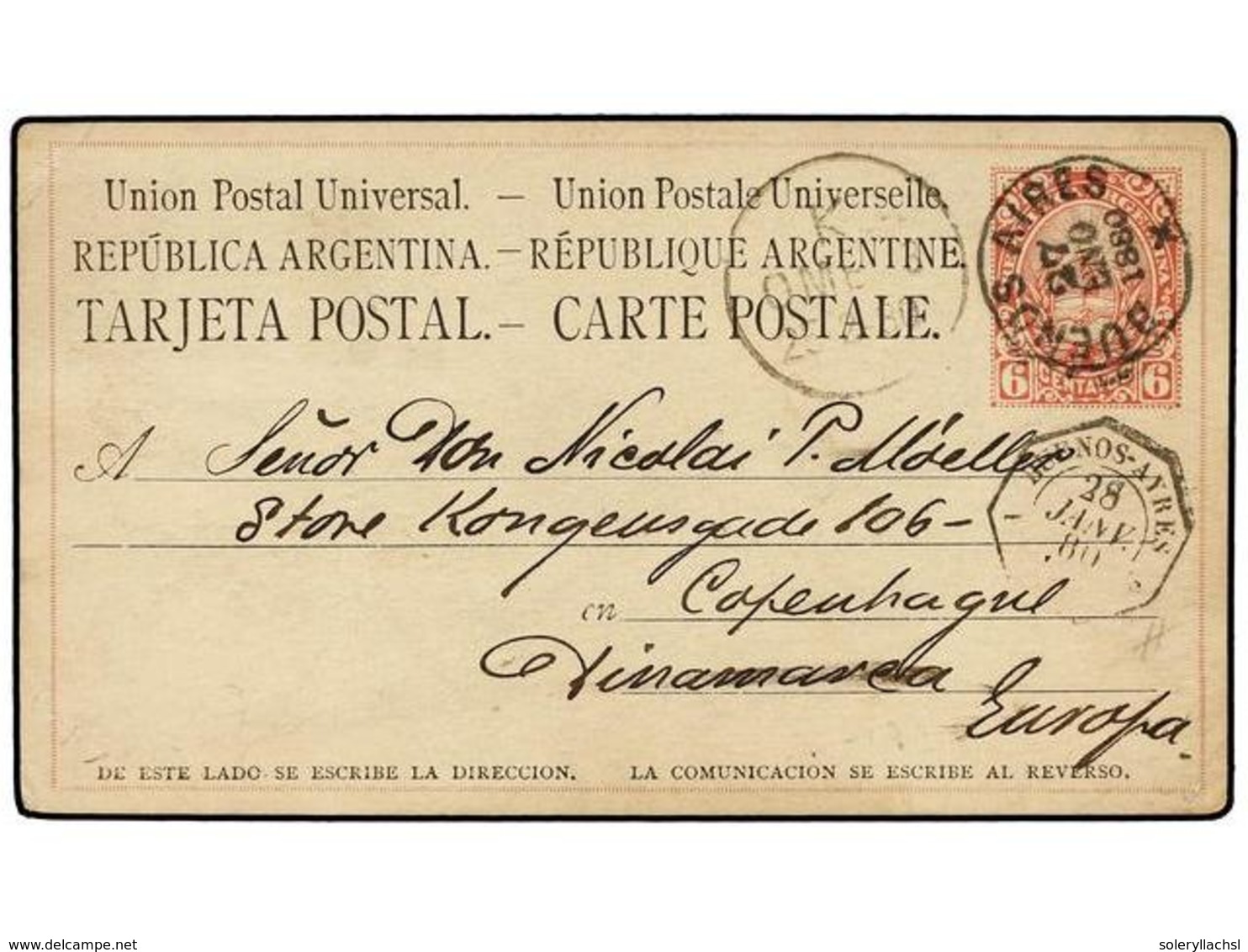 45 ARGENTINA. 1880. BUENOS AYRES A DINARMARCA. Entero Postal De <B>6 Ctvos.</B> Rojo, Fechador Octogonal Francés<B> BUEN - Otros & Sin Clasificación