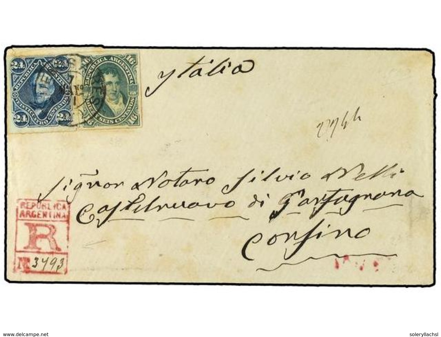 46 ARGENTINA. 1881. Registered Envelope To Castelnuovo, Italy Franked Rouletted <B>16c. + 24c</B> Tied By <B>Buenos Aire - Otros & Sin Clasificación