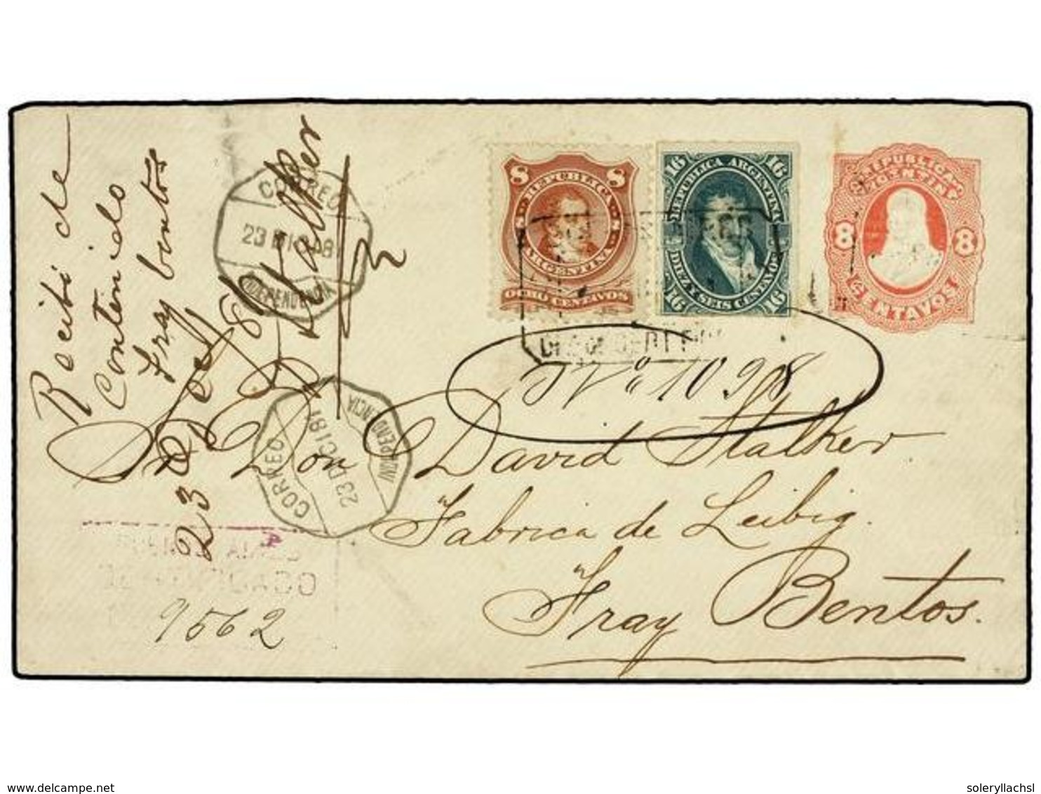 47 ARGENTINA. Sc.35, 39. 1881. BUENOS AIRES A FRAY BENTOS (Uruguay). Entero Postal De <B>8 Ctvos. </B>rosa Con Franqueo  - Otros & Sin Clasificación