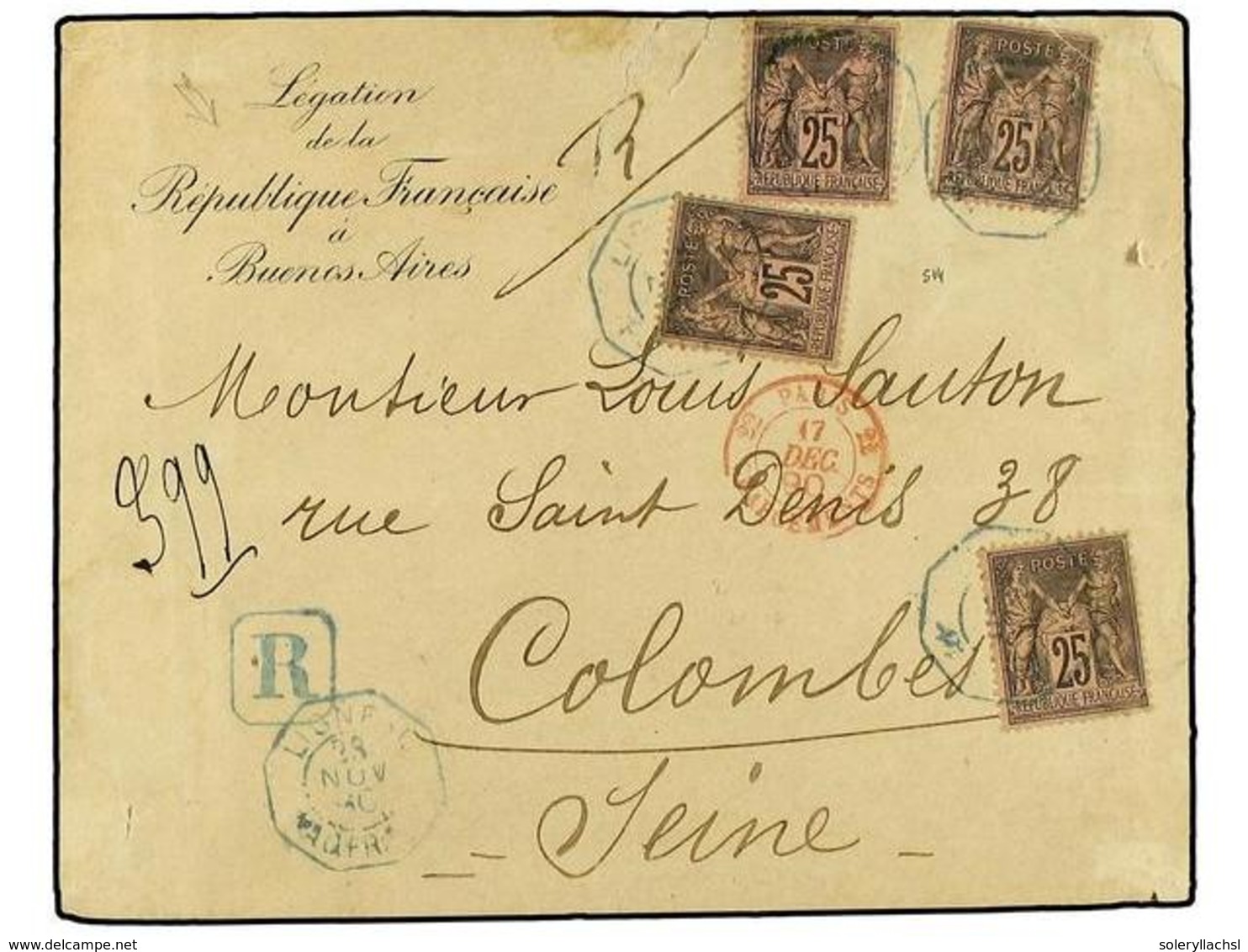 49 ARGENTINA. 1890. BUENOS AIRES A FRANCIA. Circulada Con Cuatro Sellos Franceses De <B>25 Cts.</B> Negro S. Rosa. Mat.  - Autres & Non Classés