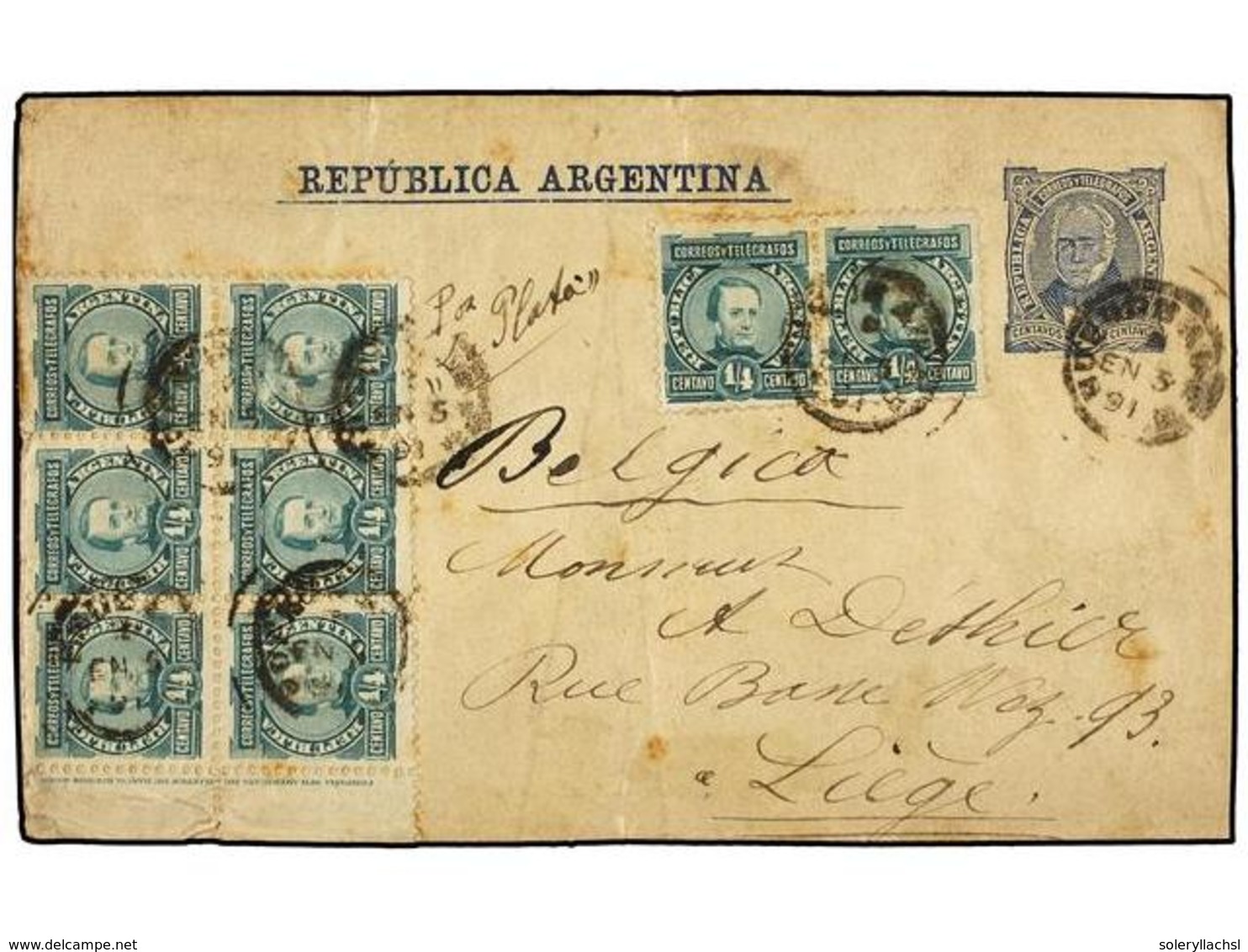 51 ARGENTINA. 1891. BUENOS AIRES A BÉLGICA. Faja De Prensa De <B>4 Ctvos.</B> Con Franqueo Adicional De <B>1/4 Ctvo.</B> - Otros & Sin Clasificación