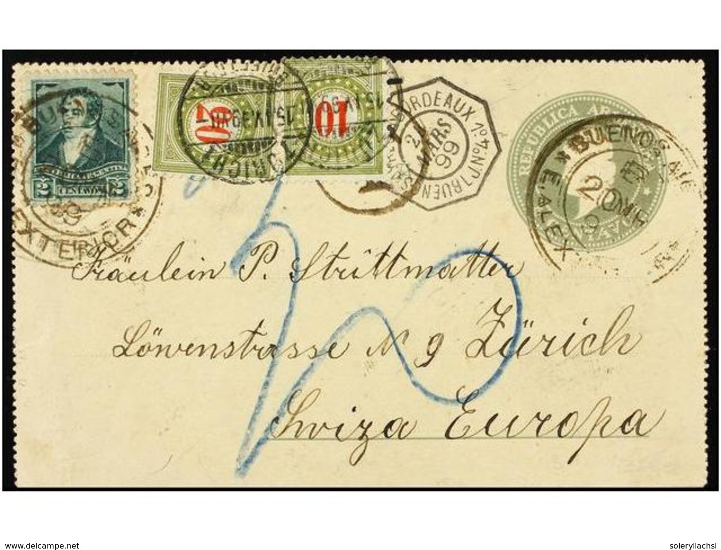 58 ARGENTINA. 1899 (March 20th). <B>4 C.</B> Grey Stationery Letter-card Used From BUENOS AIRES To ZURICH, Up-rated With - Autres & Non Classés