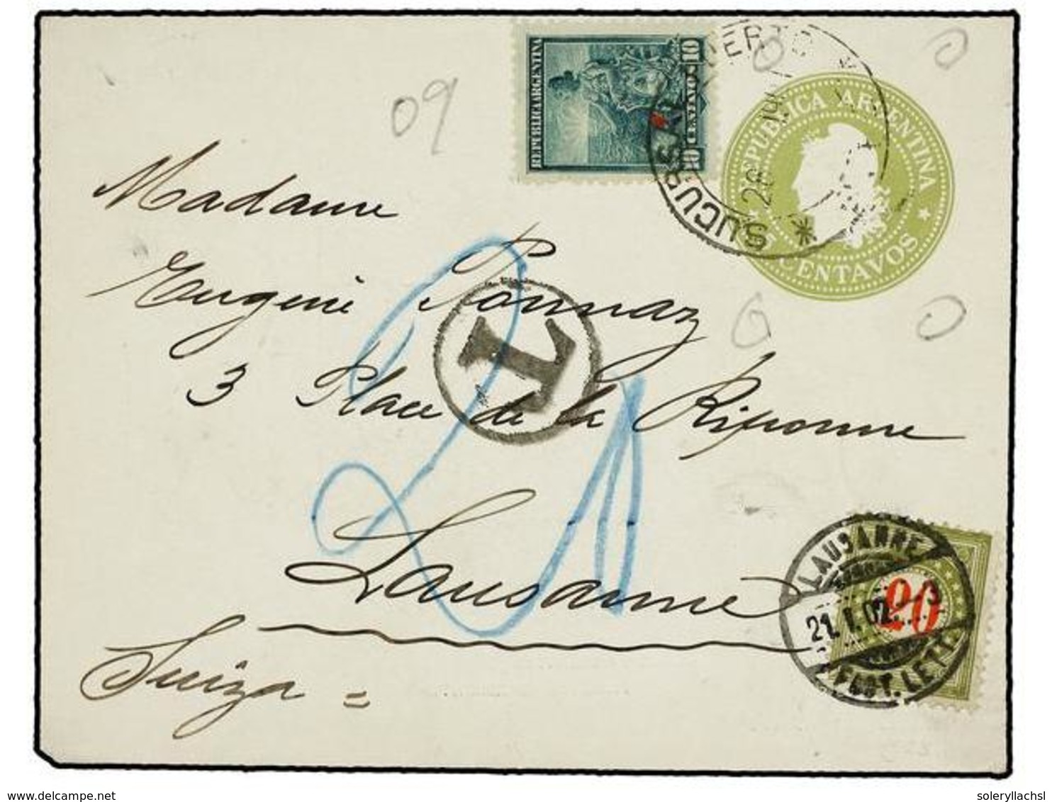 61 ARGENTINA. 1902. Entero Postal De <B>5 Ctvos.</B> Verde Amarillo (en El Interior Fragata 'Sarmiento') Con Franqueo Ad - Sonstige & Ohne Zuordnung