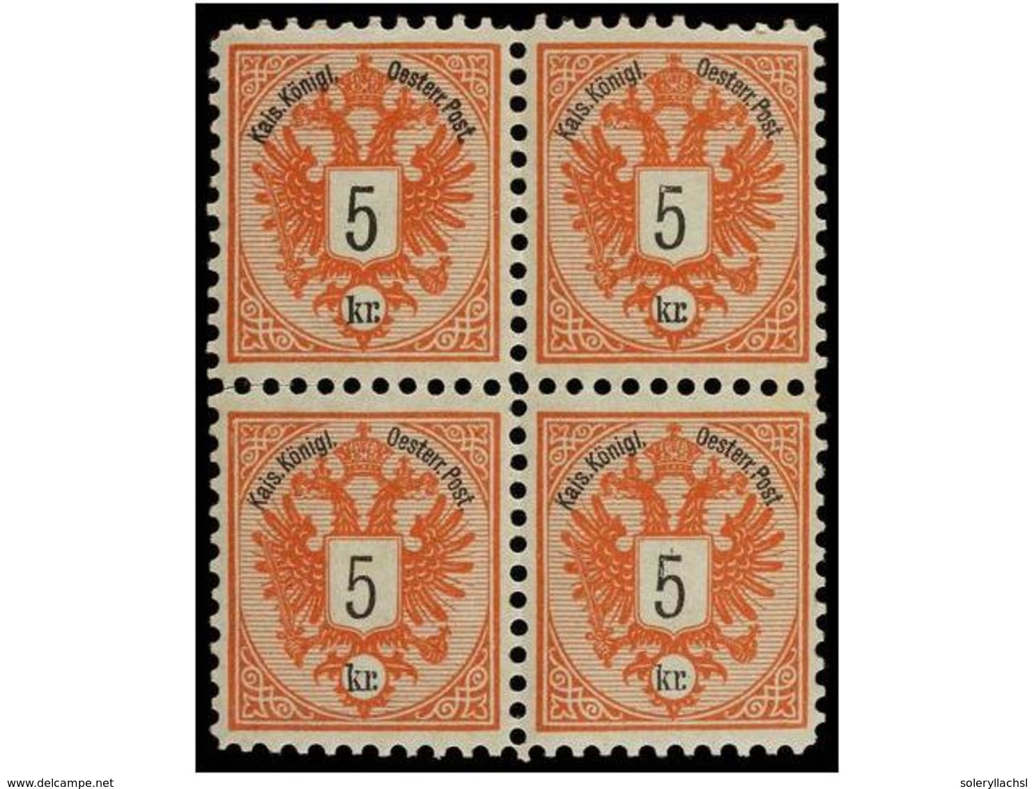 80 **/* AUSTRIA. Mi.46 (4). 1883. <B>5 Kr.</B> Red, Perf. 10 1/2. Block Of Four, Three Stamps Never Hinged. (Netto +1.33 - Autres & Non Classés