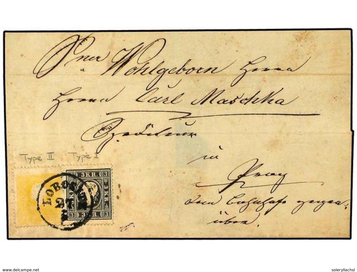 85 AUSTRIA. 1859. Cover To PRAGUE Franked By 1858-59 Type II <B>2 Kr.</B> Yellow And Type I <B>3 Kr.</B> Black Tied By B - Sonstige & Ohne Zuordnung