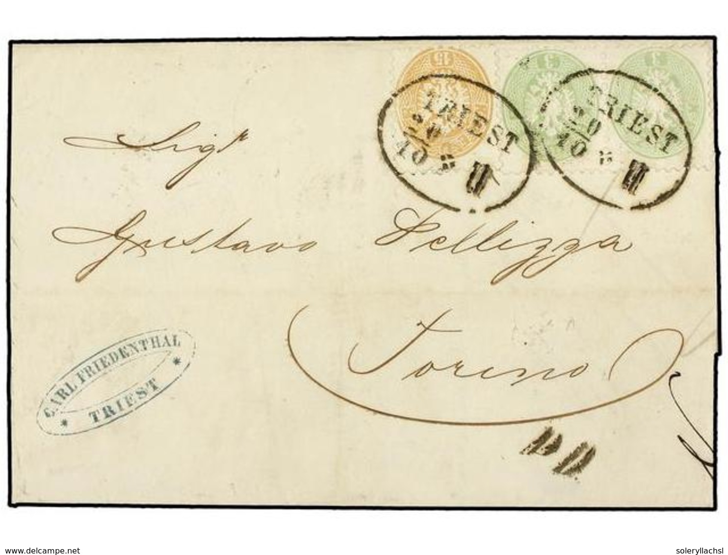 95 AUSTRIA. Sc.23, 26. 1866 (Oct. 20). Cover From TRIEST To TURIN Franked By 1863-64 <B>3kr. </B>green Pair And Single < - Sonstige & Ohne Zuordnung