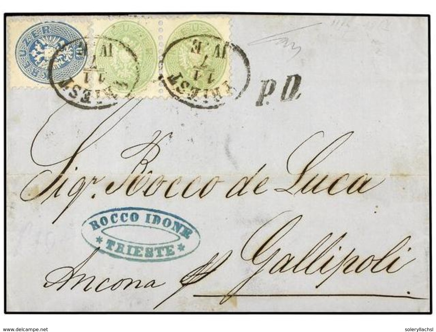 96 AUSTRIA. Mi.31 (2), 33. 1867. TRIEST To GALLIPOLI (Italy). <B>10 Kr.</B> Blue And Pair Of <B>3 Kr.</B> Green. FINE. - Sonstige & Ohne Zuordnung