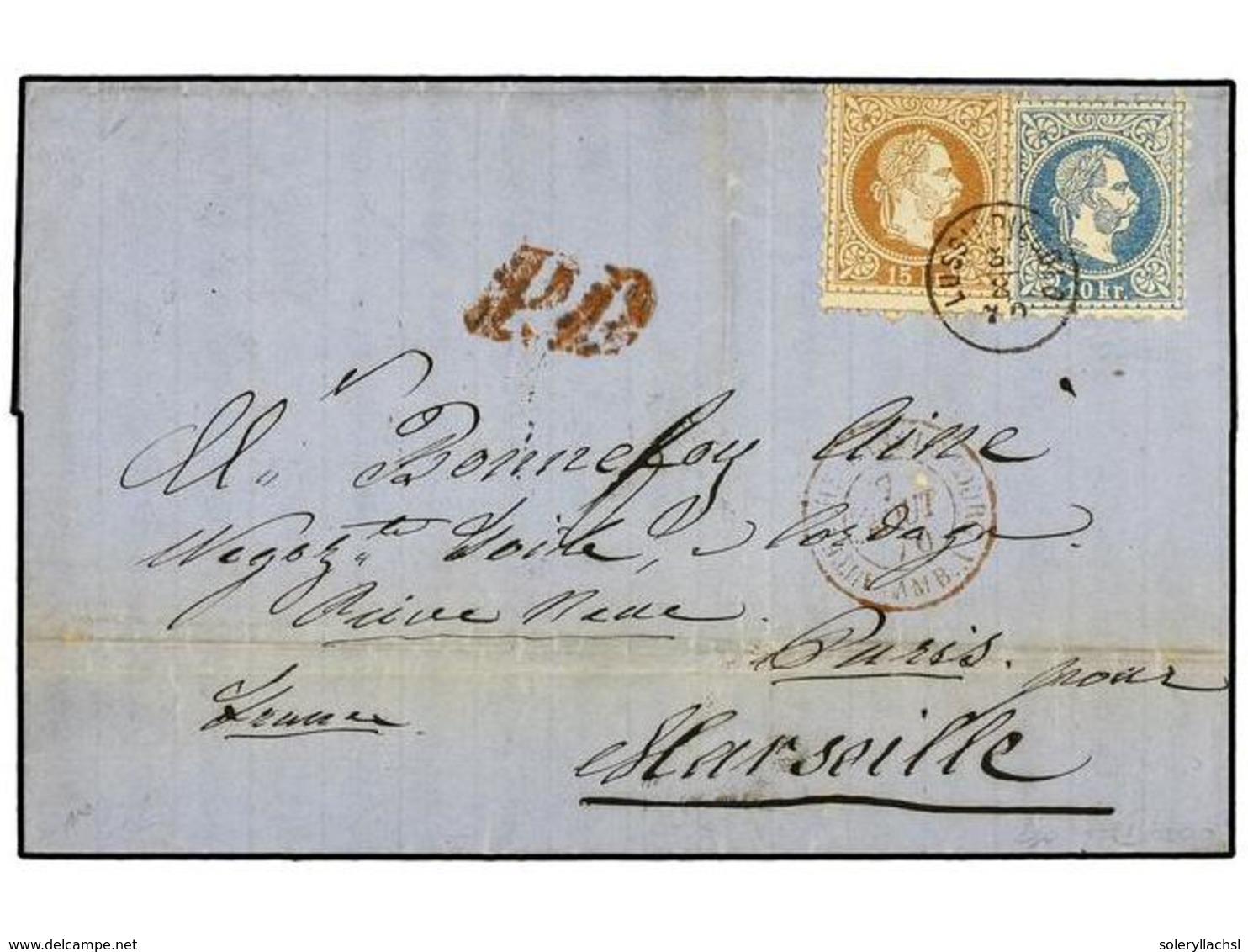 100 AUSTRIA. 1870 (Aug 3). Cover To MARSEILLE Franked By 1867 <B>10kr.</B> Blue And <B>15kr.</B> Brown Tied By <B>LUSSIN - Sonstige & Ohne Zuordnung
