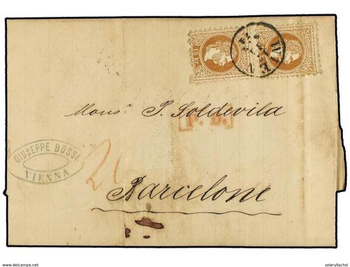 101 AUSTRIA. 1871 (Nov 17). Entire Letter From VIENNA To BARCELONA; Franked By 1867 <B>15kr</B>. Brown (2, One With Perf - Sonstige & Ohne Zuordnung