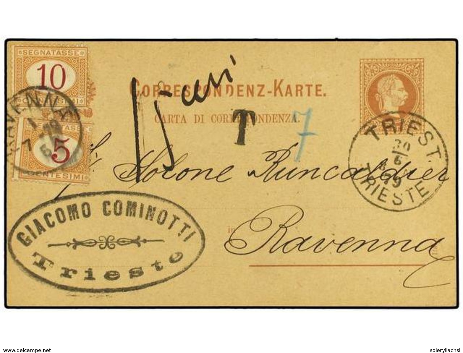 107 AUSTRIA. 1879 (June 30). <B>2kr.</B> Brown Stationery Card Used From TRIESTE To RAVENNA; Underpaid And Struck With < - Sonstige & Ohne Zuordnung