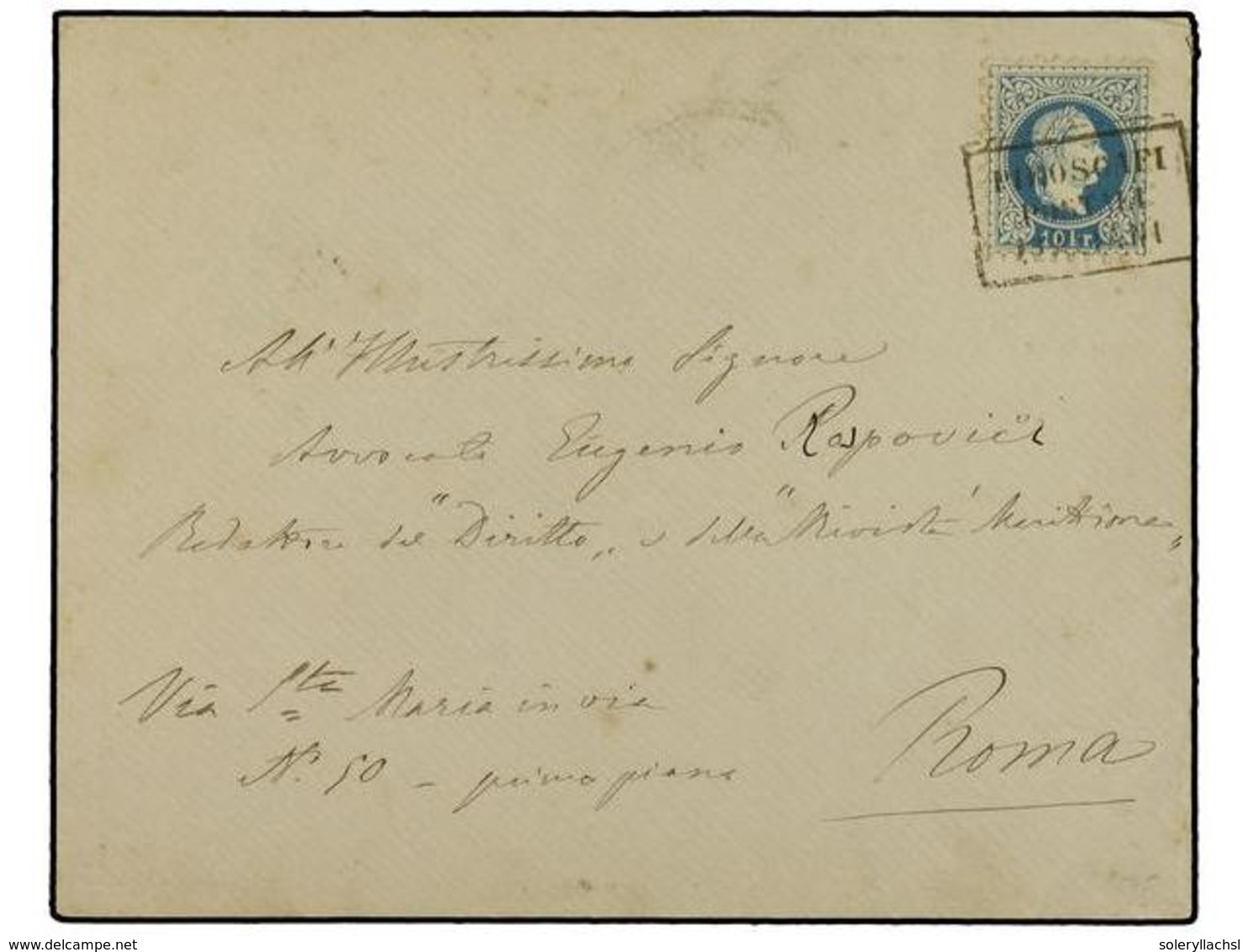 109 AUSTRIA. 1881. Envelope To Rome, Provenance Unknown But From The Levant, Franked Austrian <B>10kr</B>. Tied By Boxed - Sonstige & Ohne Zuordnung