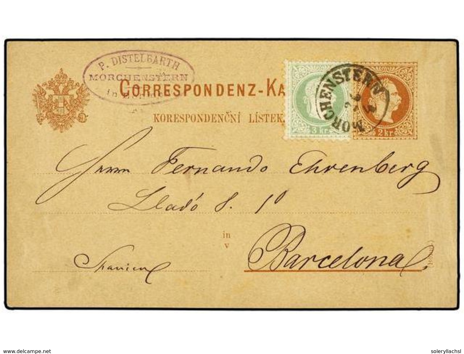 112 AUSTRIA. Sc.35. 1882 (April 26). <B>2kr.</B> Brown Postal Stationery Card Used To BARCELONA (Spain) And Up-rated Wit - Sonstige & Ohne Zuordnung