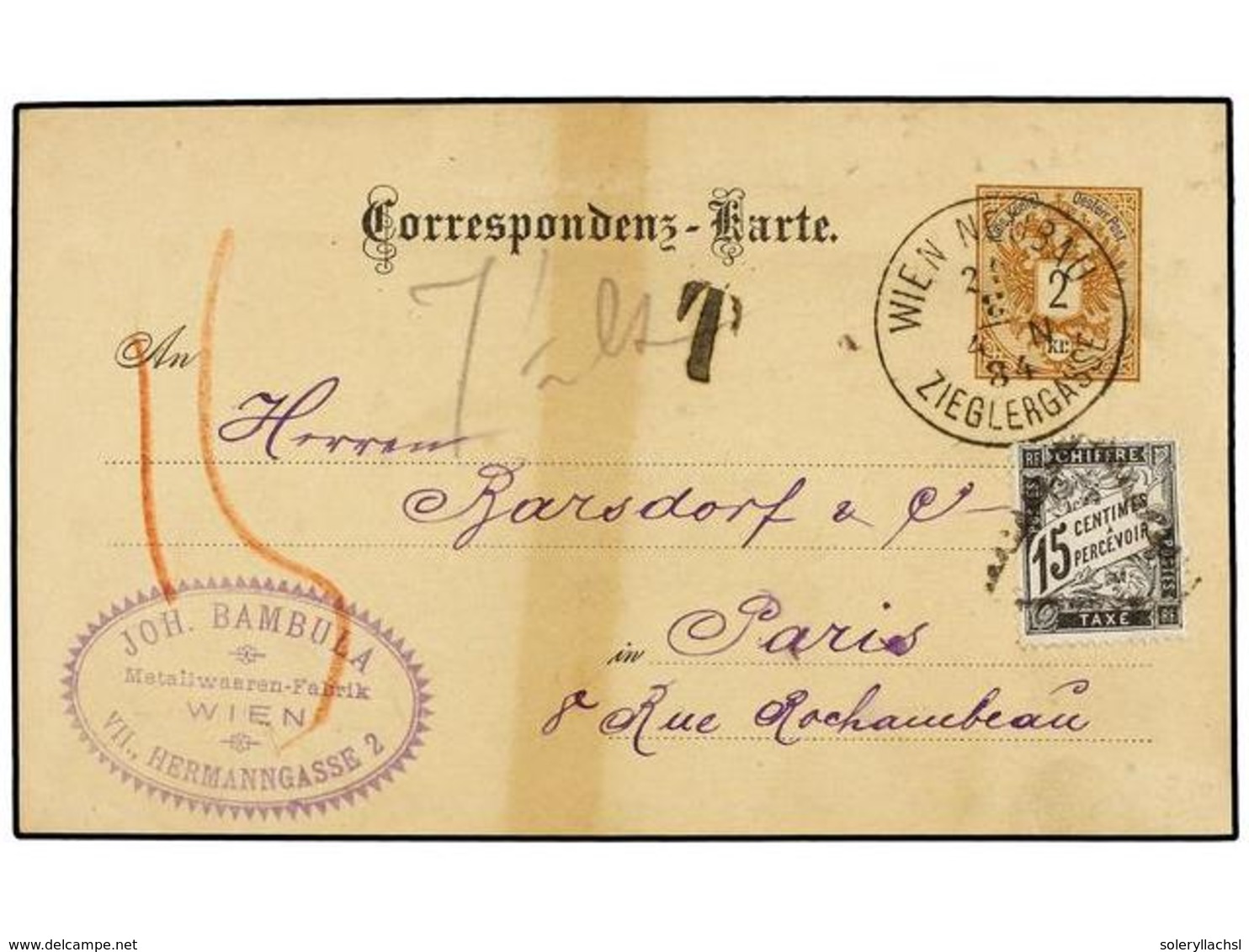 115 AUSTRIA. 1884. VIENA (Austria) A FRANCIA. Entero Postal De <B>2 Kr.</B> Castaño Tasado A La Llegada Con Sello Francé - Other & Unclassified