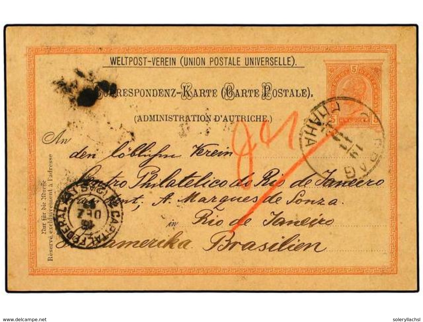 118 AUSTRIA. 1891. <B>5 Kr.</B> Rose Postal Stationery Card Used To BRAZIL Cancelled By <B>PRAG</B> Cds Of Despatch With - Other & Unclassified