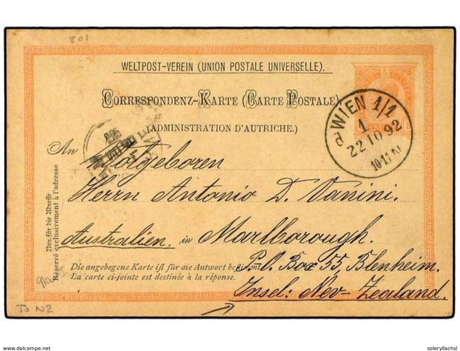 119 AUSTRIA. 1892. <B>5 Kr.+ 5 Kr.</B> Rose Postal Stationery Reply Cards Sent To NEW ZEALAND And Cancelled By <B>VIENNA - Sonstige & Ohne Zuordnung
